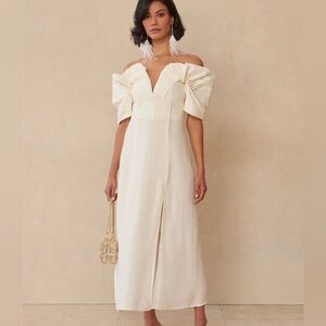 Cult Gaia NEW Off White Linen Blend Raw Edge Puff Sleeve Midi Dress NWT Size 2